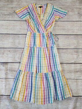 J. Crew Faux-Wrap Dress Size 0 Rainbow Gingham Midi Tiered Cotton Whimsy Summer